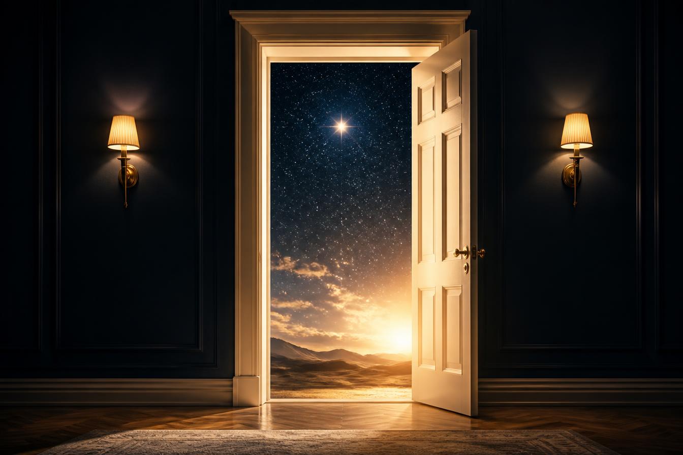 An open door glowing with warm light, leading to a starlit night sky